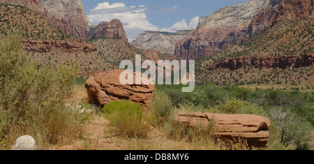 Vue sur le ciel bleu de plantes du désert, rochers, colline avec abri Anasazi, reste à la nord, centre d'accueil, Zion Canyon, Utah Banque D'Images