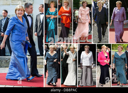 (Fichier - COMBO) un composé de photos d'archives montrent la Chancelière allemande, Angela Merkel, à la 102e arrving Festival de Bayreuth avec son mari Joachim Sauer (L) et son dans ses tenues au cours des festivités de 2003 à 2007 à Bayreuth, Allemagne, 25 juillet 2013. Photo : AFP Banque D'Images