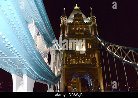 Différentes vues de la Tower Bridge London UK la nuit et travail du fer de la peinture bleu pont en direction sud et nord. Banque D'Images