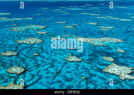 Vue aérienne de formations coralliennes au récif Hardys. Great Barrier Reef Marine Park, Whitsundays, Queensland, Australie Banque D'Images