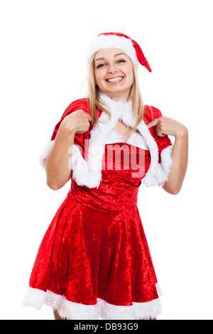 Femme heureuse en costume de Noël, isolé sur fond blanc. Banque D'Images