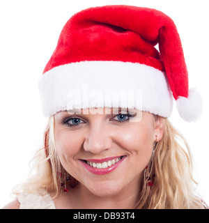 Happy woman in Christmas hat, isolé sur fond blanc. Banque D'Images