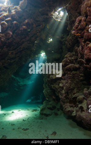 Le soleil qui rayonne à travers une grotte sous-marine dans les récifs coralliens tropicaux Banque D'Images