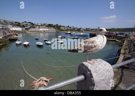 Une mouette est assise au sommet d'un poteau au premier plan avec de petits bateaux doucement amarrés dans les eaux tranquilles du port de St Mawes, Cornwall, Royaume-Uni - une scène maritime pittoresque dans l'un des villages côtiers les plus charmants du comté, connu pour son patrimoine de voile et ses vues sereines Banque D'Images