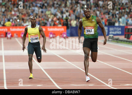 Londres, Royaume-Uni. 26 juillet 2013. Au cours de l'IAAF Diamond League Jeux Anniversaire du Stade Olympique, Queen Elizabeth Olympic Park. Usain Bolt remporte le 100m Mens un événement en 9,85 secondes. Credit : Action Plus Sport/Alamy Live News Banque D'Images