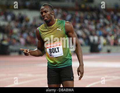 Londres, Royaume-Uni. 26 juillet 2013. Au cours de l'IAAF Diamond League Jeux Anniversaire du Stade Olympique, Queen Elizabeth Olympic Park. Usain Bolt remporte le 100m Mens un événement en 9,85 secondes. Credit : Action Plus Sport/Alamy Live News Banque D'Images