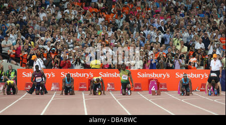 Londres, Royaume-Uni. 26 juillet 2013. Au cours de l'IAAF Diamond League Jeux Anniversaire du Stade Olympique, Queen Elizabeth Olympic Park. Usain Bolt remporte le 100m Mens un événement en 9,85 secondes. Credit : Action Plus Sport/Alamy Live News Banque D'Images