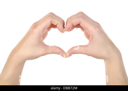 Amour : les mains de prendre une forme de chaleur isolé sur fond blanc Banque D'Images