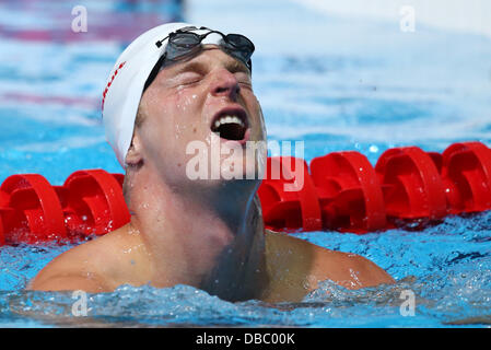 Barcelone, Espagne. 28 juillet, 2013. Steffen Deibler d'Allemagne réagit après 50m papillon de la 15e Championnats du Monde de Natation FINA au Palau Sant Jordi Arena de Barcelone, Espagne, 28 juillet 2013. Photo : Friso Gentsch/dpa/Alamy Live News Banque D'Images