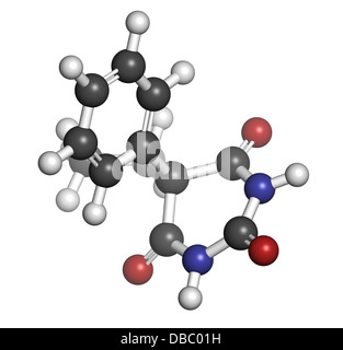 Anticonvulsivants BARBITURIQUES PHÉNOBARBITAL (épilepsie med), la structure chimique. Les atomes sont représentés comme des sphères. Banque D'Images