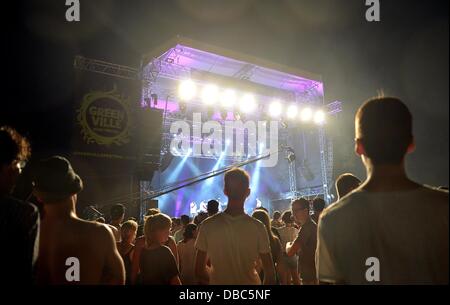 Paaren im Glien, Allemagne. 27 juillet, 2013. L'audiance cheers lors d'une performance d'entre nous du groupe hip-hop Wu-Tang Clan au Festival de Greenville à Paaren im Glien, Allemagne, 27 juillet 2013. La fête de la musique est en vedette entre 26. et 28 juillet 2013 près de Berlin. Photo : Britta Pedersen/dpa/Alamy Live News Banque D'Images