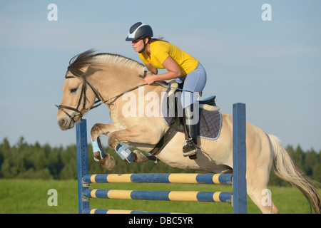 Jeune sur le dos d'un fjord norvégien saut à cheval Banque D'Images