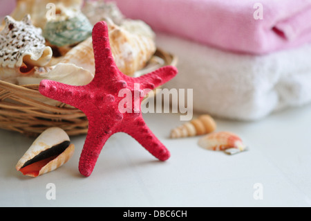 Basket with sea shells and towels. SPA concept. Banque D'Images