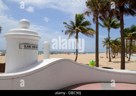 Fort ft. Lauderdale Florida,South fort Lauderdale Beach Boulevard,A1A,Las Olas Boulevard,digue,mur de mer,sable,palmiers,océan Atlantique,rivage,regarder Banque D'Images