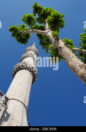 Un minaret de la Mosquée Bleue à Istanbul Banque D'Images