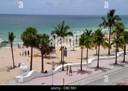 Fort ft. Lauderdale Florida,South fort Lauderdale Beach Boulevard,A1A,bains de soleil,Océan Atlantique,sable,palmiers,digue,mur de mer,aspect FL130720169 Banque D'Images