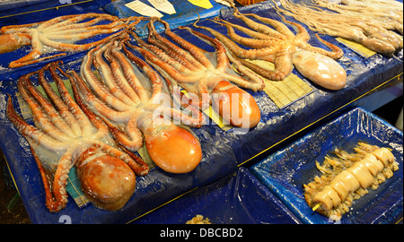 Poulpe cru au marché de gros de la pêche Noryangjin à Séoul, Corée du Sud. Banque D'Images