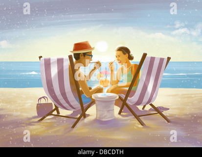 Illustration du couple drinking à partir du verre, assis sur des chaises longues sur la plage Banque D'Images