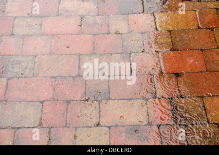 De lourdes gouttes éclaboussant sur brique rouge rustique patio ouvrant sur UK jardin avec joints poreux agissant comme soakaway l'eau de surface Banque D'Images