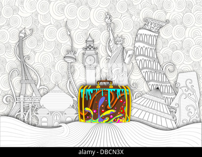 Image d'illustration de valise colorée avec sept merveilles du monde en arrière-plan Banque D'Images