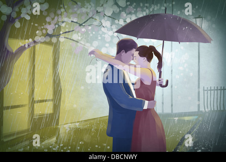 Illustration de couple avec un parapluie qui englobe dans la pluie Banque D'Images