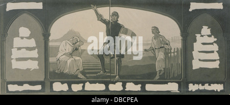 Cette image montre un guerrier aux côtés de deux femmes, vêtues de vêtements d'époque. La représentation reflète une scène historique, peut-être dans un contexte culturel ou historique spécifique, illustrant les rôles des hommes et des femmes dans les sociétés passées. Banque D'Images