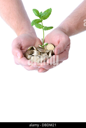 Mains tenant un tas de pièces de monnaie avec une plante poussant hors d'eux, concept de l'expansion monétaire, isolé sur fond blanc Banque D'Images