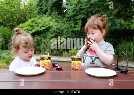 Des jumelles ayant un en-cas dans le parc. Banque D'Images