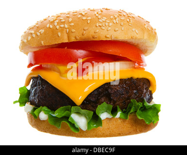 Gros et juteux cheese burger sur fond blanc Banque D'Images