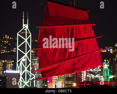 Une voile rouge sur une visite du port de la malbouffe chinoise la nuit avec Hong Kong en arrière-plan Banque D'Images