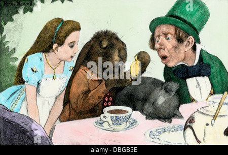 The Mad Hatter's Tea-party, d'Alice au Pays des Merveilles. Demi-teinte à la main, reproduction d'une illustration