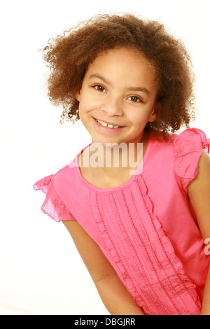 Portrait of smiling mixed race girl isolated on white Banque D'Images