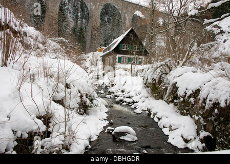 Allemagne, Forêt Noire, Hollsteig. Hofgut Sternen Village de la Forêt-Noire. Campagne d'hiver avec scène ruisseau gelé et chalet. Banque D'Images