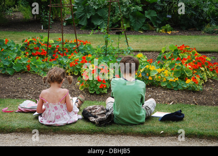 Dessin pour les enfants à l'Université d'Oxford Botanic Garden près de Magdalen College Oxford UK Banque D'Images