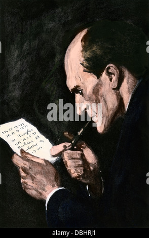 Sherlock Holmes à résoudre un cipher, d'un Arthur Conan Doyle story. Demi-teinte à la main, reproduction d'une illustration Banque D'Images