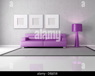 Gris et violet minimaliste salon avec feu de la mode Banque D'Images
