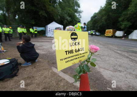 Balcombe, West Sussex, UK. 31 juillet, 2013. Verrouiller la porte plaque et fleur sur road cone à Cuadrilla entrée du site. Protestation contre la Cuadrilla forage et fracturation juste à l'extérieur du village de Balcombe dans West Sussex. Balcombe, West Sussex, UK. Credit : martyn wheatley/Alamy Live News Banque D'Images