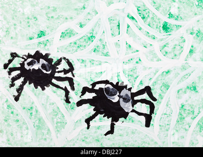 Dessin d'enfant - deux black spiders web en blanc Banque D'Images