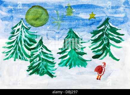 Peinture childs - nuit paysage de Noël avec l'hiver, la lune forestière et le Père Noël Banque D'Images