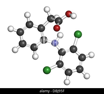 Diclofenac douleur et l'inflammation (AINS), la structure chimique. Les atomes sont représentés comme des sphères avec code couleur classiques Banque D'Images