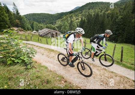 Deux vélos de montagne sur une piste d'équitation, des pâturages en arrière-plan, Bade-Wurtemberg, Bavière, Allemagne Banque D'Images