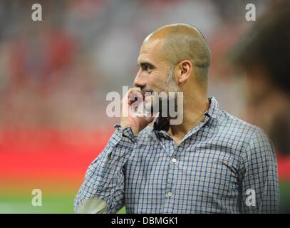 Munich, Allemagne. 06Th Aug 2013. Headcoach de Munich Pep Guardiola réagit après l'Audi Cup soccer match final FC Bayern Munich vs Manchester City FC à l'Allianz Arena de Munich, Allemagne, 01 août 2013. Photo : Tobias Hase/dpa/Alamy Live News Banque D'Images