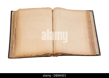 Vieux Scrap Book - vieux scrap book ou album, plus de 100 ans, ouvert à des pages blanches. Chemin de détourage. Banque D'Images