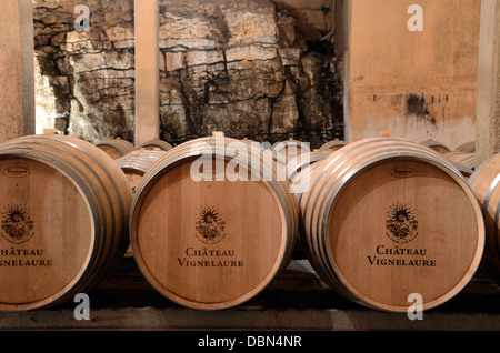 Des tonneaux de vin en bois en cave de Château Vignelaure Winery ou Wine Estate Rians Var Provence Banque D'Images