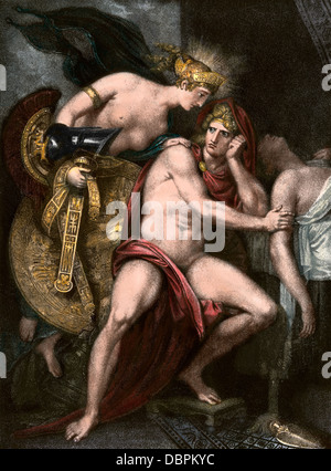 Thétis portant armures à son fils Achille, guerre de Troie. La gravure à la main, Banque D'Images