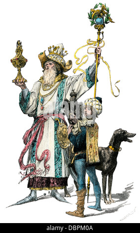 Caspar, l'un des mages, avec son fils, une page. À la main, gravure sur bois Banque D'Images