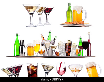 Ensemble de différentes boissons alcoolisées et cocktails - bière, martini,soda,champagne,whiskey,vin,cocktail,cola Banque D'Images