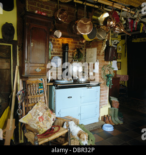En cuir sur une grille au-dessus de l'Aga en cottage blanc cuisine avec petit chien dormir dans le panier à côté de l'ancien président Banque D'Images