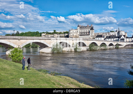 Le château historique de la ville, pont et à Amboise sous un ciel ensoleillé surplombant et reflétée dans la Loire, France Banque D'Images