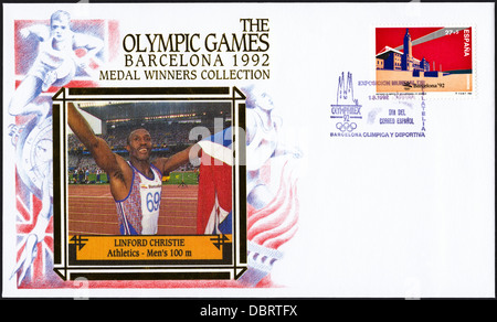 Timbre premier jour commémoratif de la couverture de la collection des médailles des Jeux Olympiques de Barcelone en 1992 avec Linford Christie de Grande-bretagne remportant la médaille d'or pour l'Athlétisme - le 100 m Banque D'Images